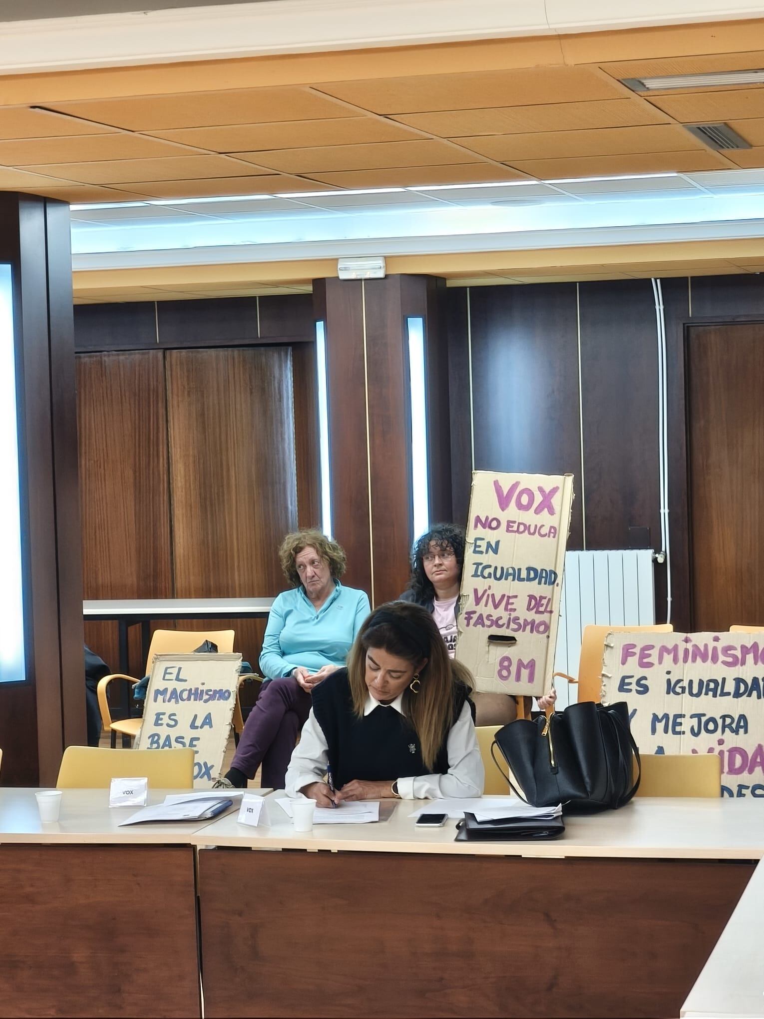 El colectivo Acción Grrrl Feminista de Jaca mostró pancartas alusivas tras la consejera de Vox durante el pleno comarcal