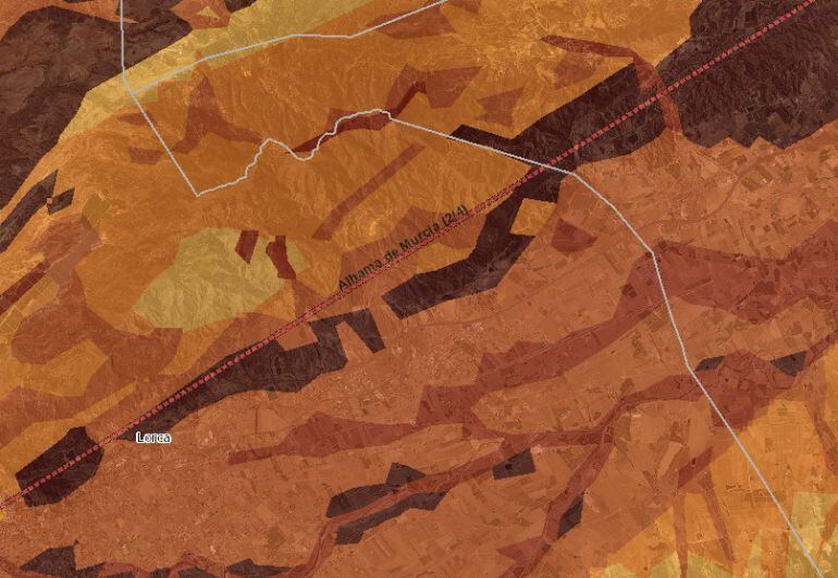 Mapa del Valle del Guadalentín con la falla de Alhama señalada en rojo