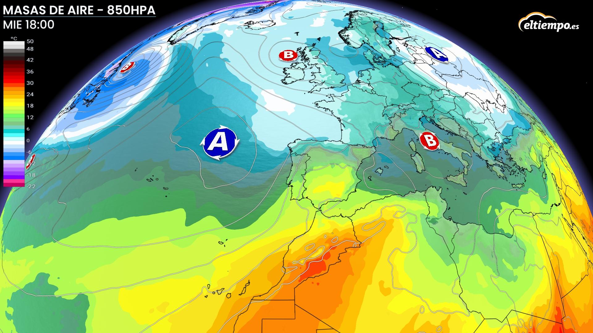 Las masas de aire que llegarán a la Península esta semana.