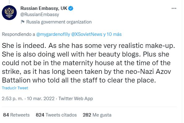 Tuit embajada rusa en Reino Unido sobre el supuesto montaje tras el bombardeo del hospital materno-infantil de Mariúpol