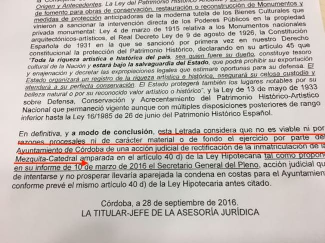 Detalle del informe de la Asesoría Jurídica