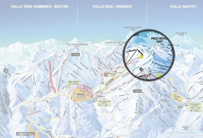 Fotografía facilitada por la estación de esquí de Formigal que muestra en un mapa, la conexión entre la zona de Anayet con la de Sarrios donde se ha producido el alud