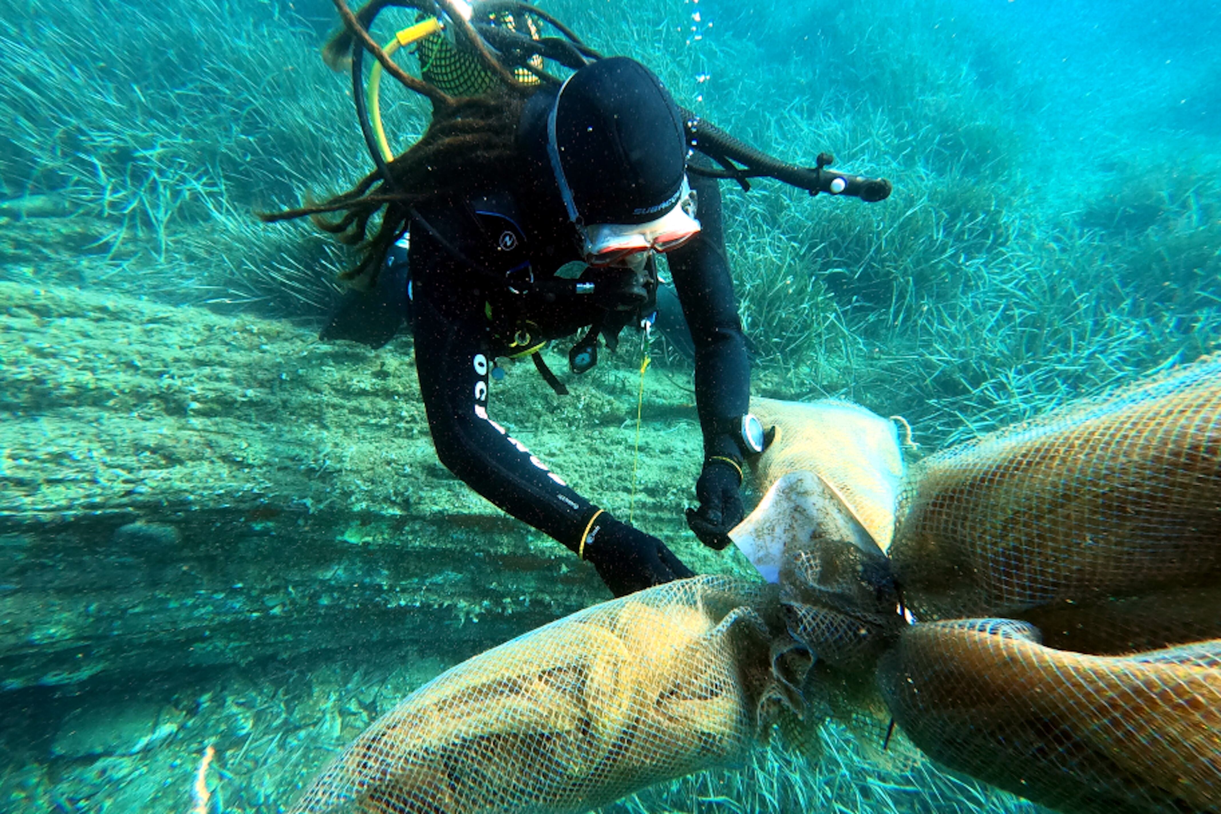 Un dels investigadors amb els col·lectors de larves a la Costa Brava