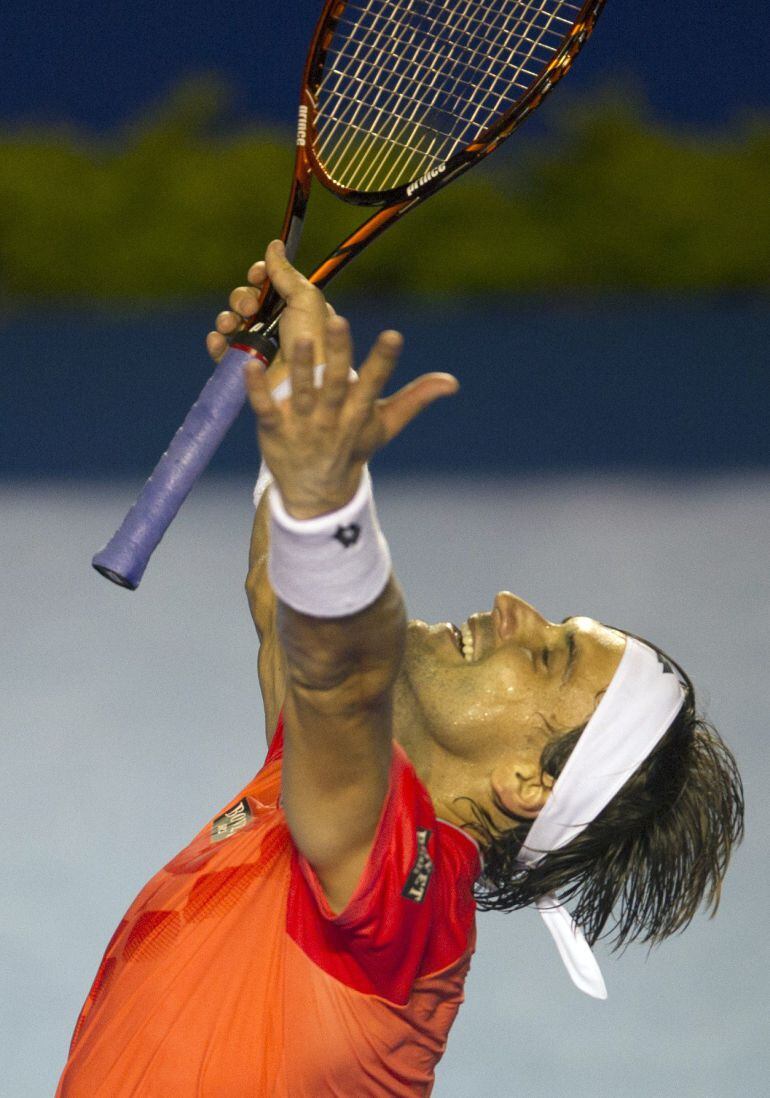 Spanish tennis player David Ferrer celebrates his 4-6, 6-0, 6-0 win over US tennis player Ryan Harrison during their Mexico ATP Open men&#039;s singles semifinal tennis match in Acapulco, Guerrero State, on February 27, 2015. AFP PHOTO / PEDRO PARDO