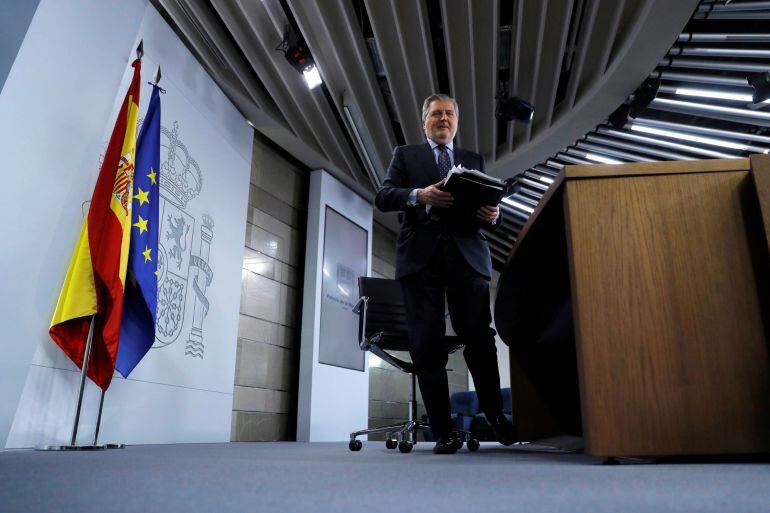 El ministro de Educación y portavoz del Gobierno, Iñigo Méndez de Vigo, durante la rueda de prensa que ha ofrecido esta mañana posterior al consejo de ministros. 