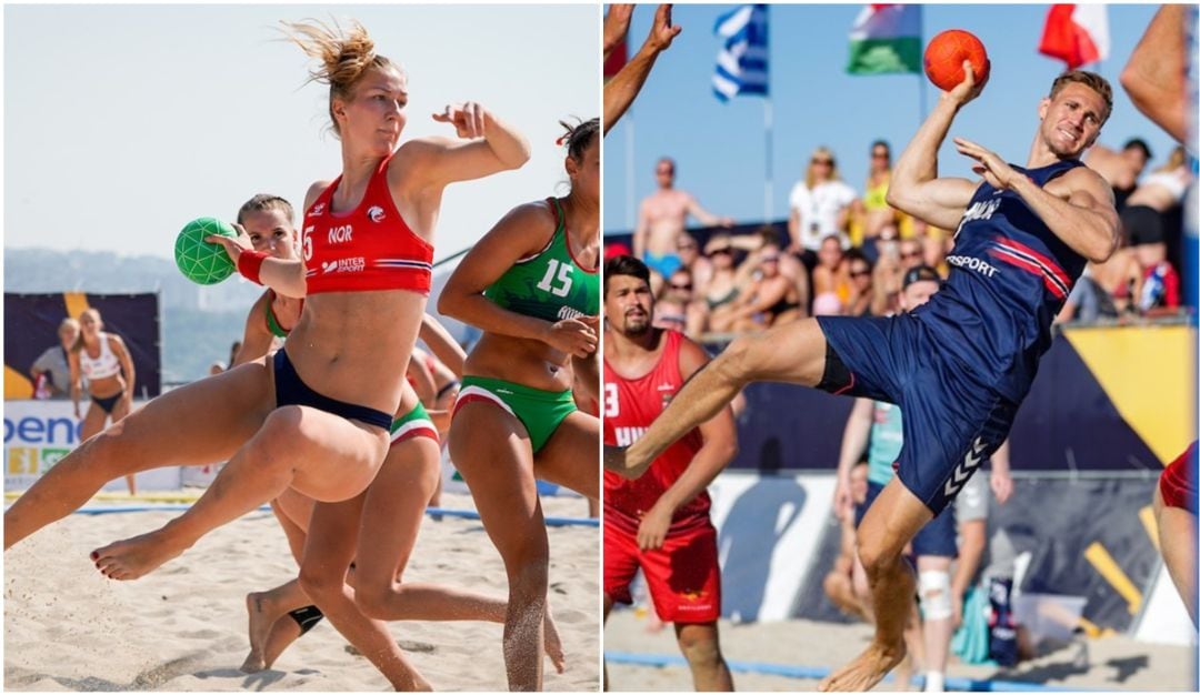 La diferencia entre las equipaciones de la selección noruega masculina y femenina de balonmano playa es bastante obvia.