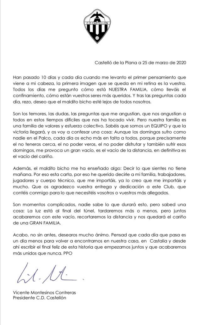 Carta remitida por el presidente del C.D.Castellón, Vicente Montesinos, a los socios, jugadores y empleados