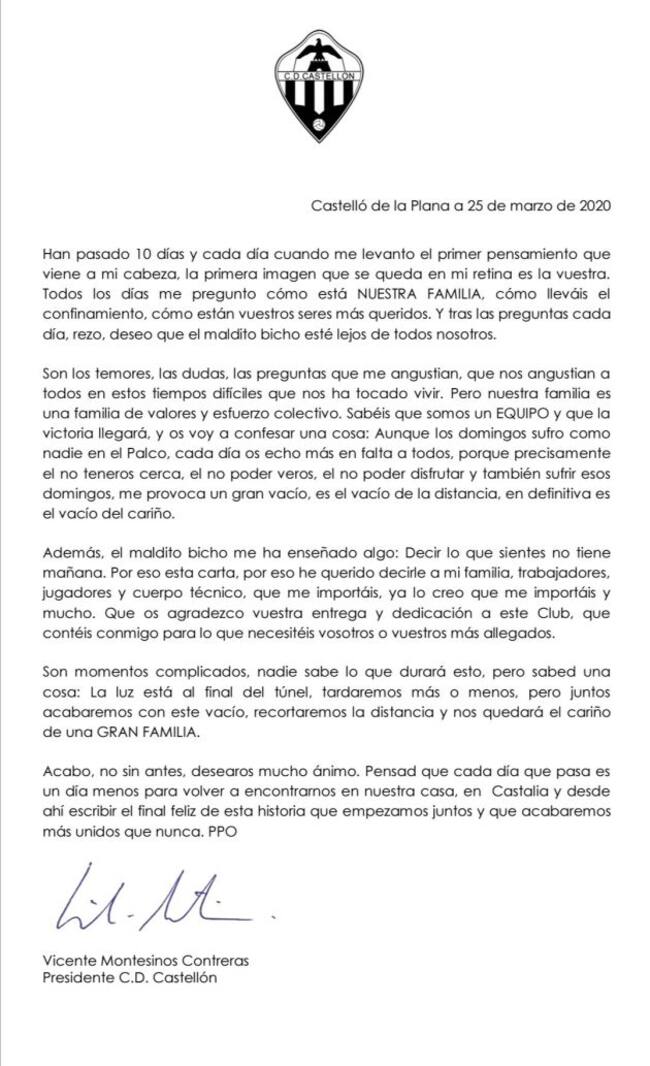 Carta remitida por el presidente del C.D.Castellón, Vicente Montesinos, a los socios, jugadores y empleados