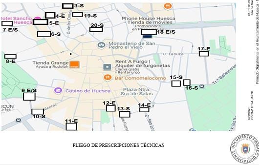 Mapa de Huesca donde el Ayuntamiento indica dónde irían las 20 cámaras para vigilar la entrada a la ZBE