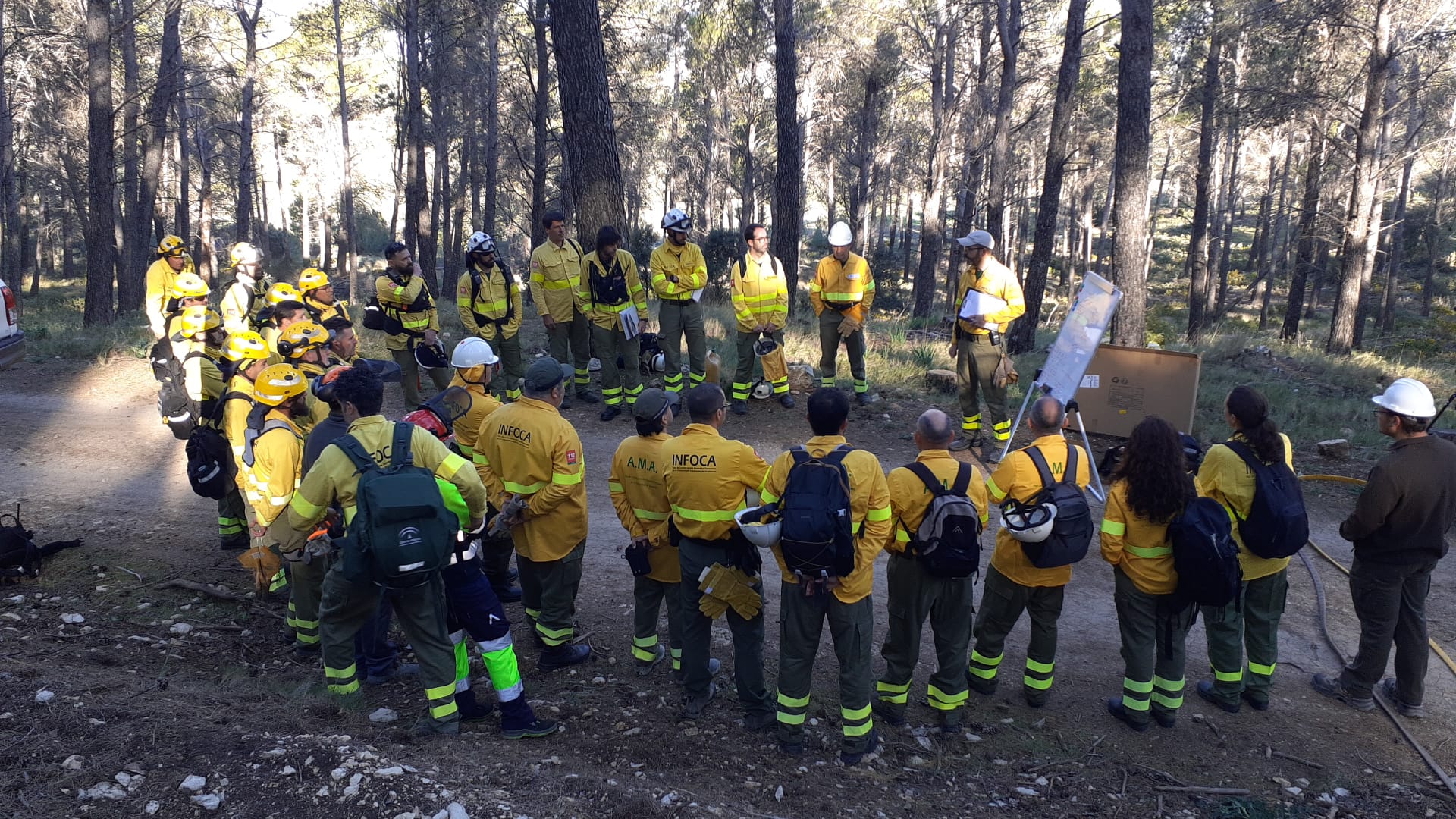 Bomberos durante una quema Controlada de carácter formativo y para gestión preventiva en el Monte del Neveral en Jaén