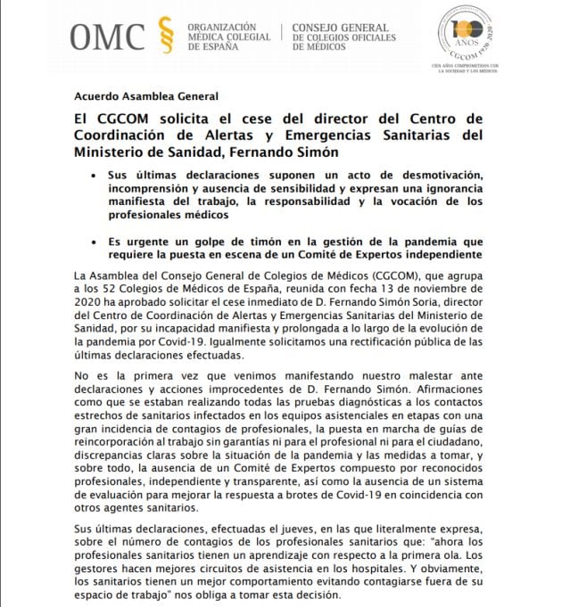 El CGCOM solicita el cese del director del Centro de Coordinación de Alertas y Emergencias Sanitarias del Ministerio de Sanidad, Fernando Simón.