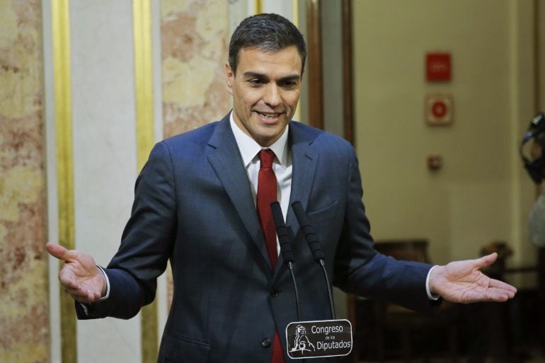 El secretario general del PSOE, Pedro Sánchez, durante la rueda de prensa ofrecida en el Congreso de los Diputados.