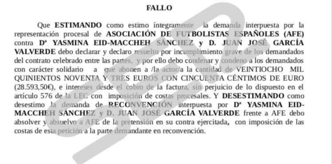 El documento al que ha tenido acceso la Cadena SER sobre el fallo del juzgado de Valencia