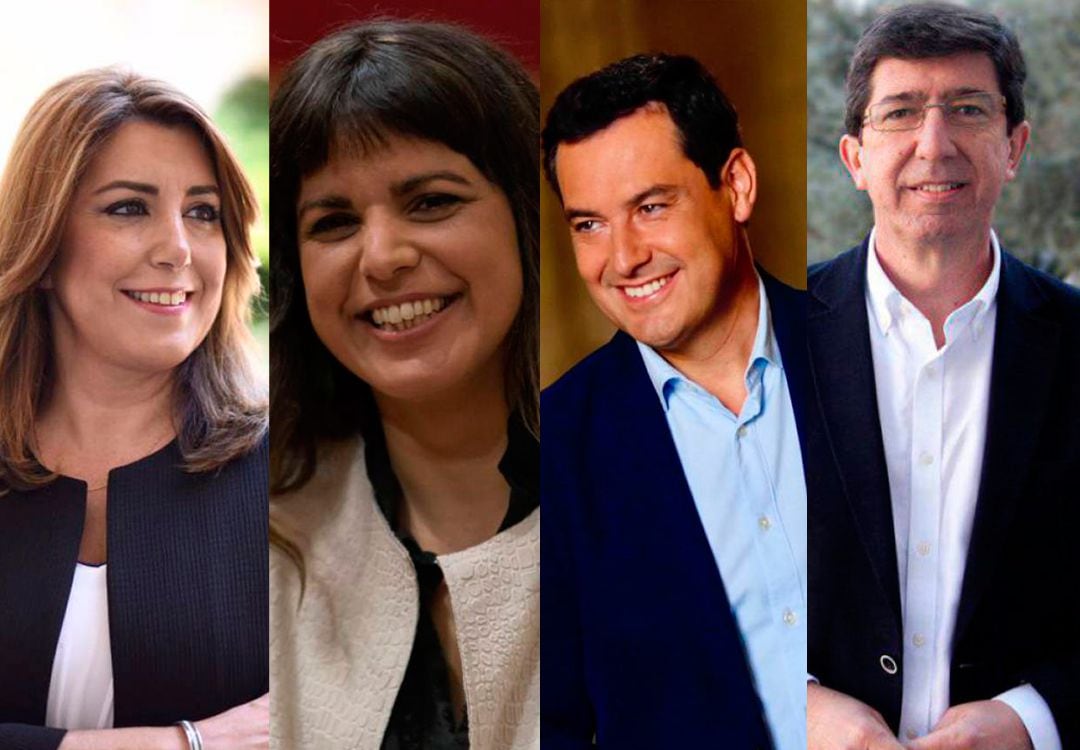 Los cuatro candidatos a presidir la Junta de Andalucía. De izquierda a derecha, Susana Díaz (PSOE-A), Teresa Rodríguez (Adelante Andalucía), Juanma Moreno (PP-A) y Juan Marín (Cs).