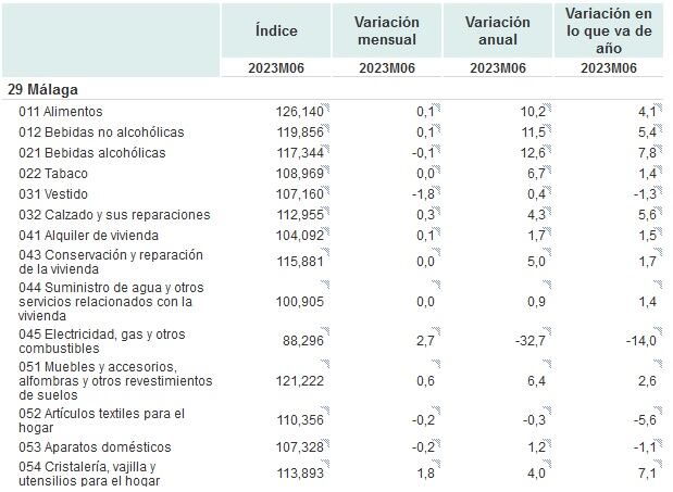 Datos del IPC de junio en Málaga (INE)