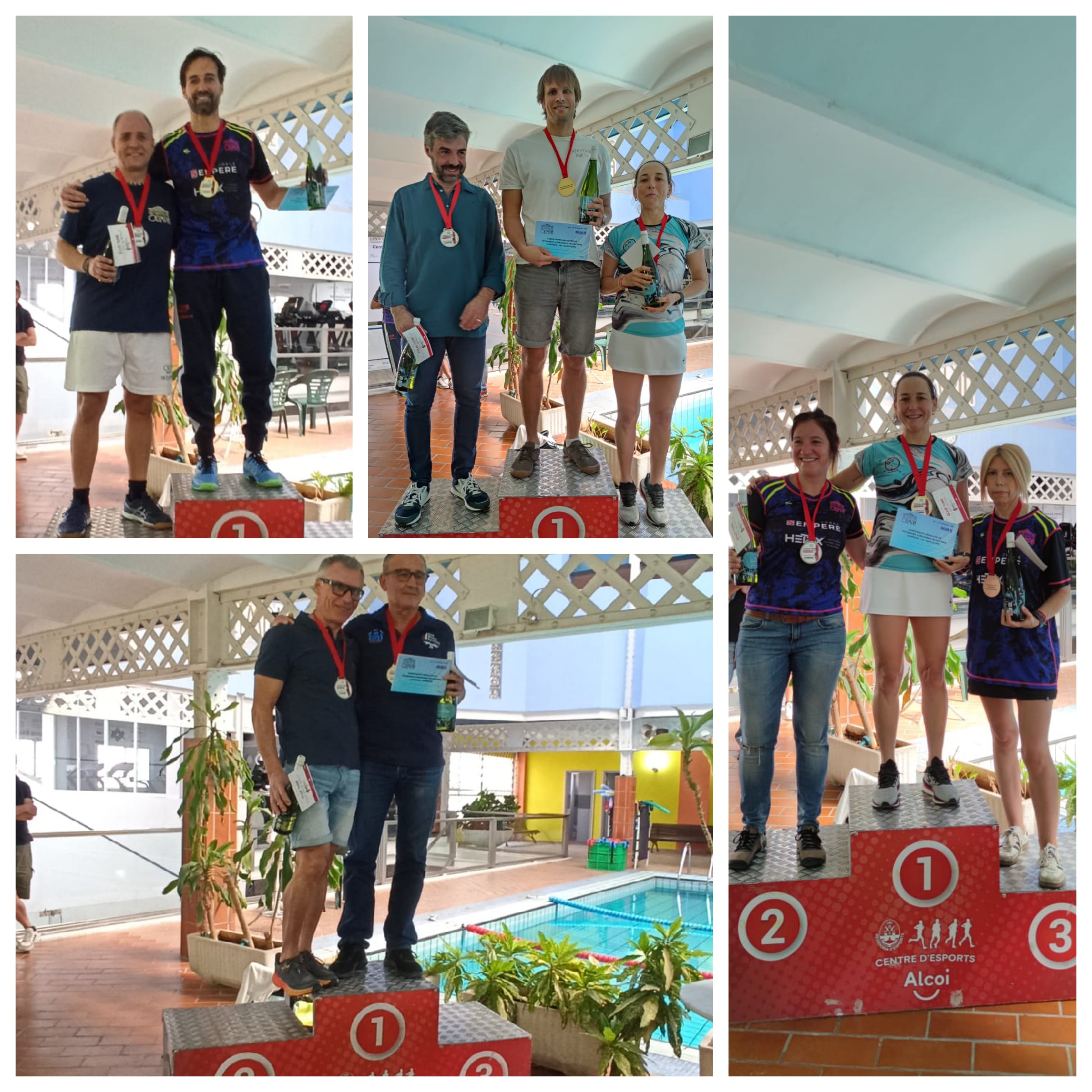 Foto-composición con los cuatro podios de las cuatro categorías celebradas en el campeonato autonómico de categoría veteranos de squash