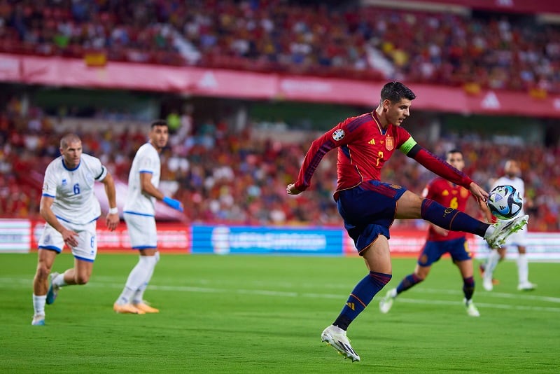 GRANADA, SPAIN - SEPTEMBER 12: Alvaro Morata of Spain in action during the UEFA EURO 2024 European qualifier match between Spain and Cyprus at Estadio Nuevo Los Carmenes on September 12, 2023 in Granada, Spain. (Photo by Fran Santiago/Getty Images)