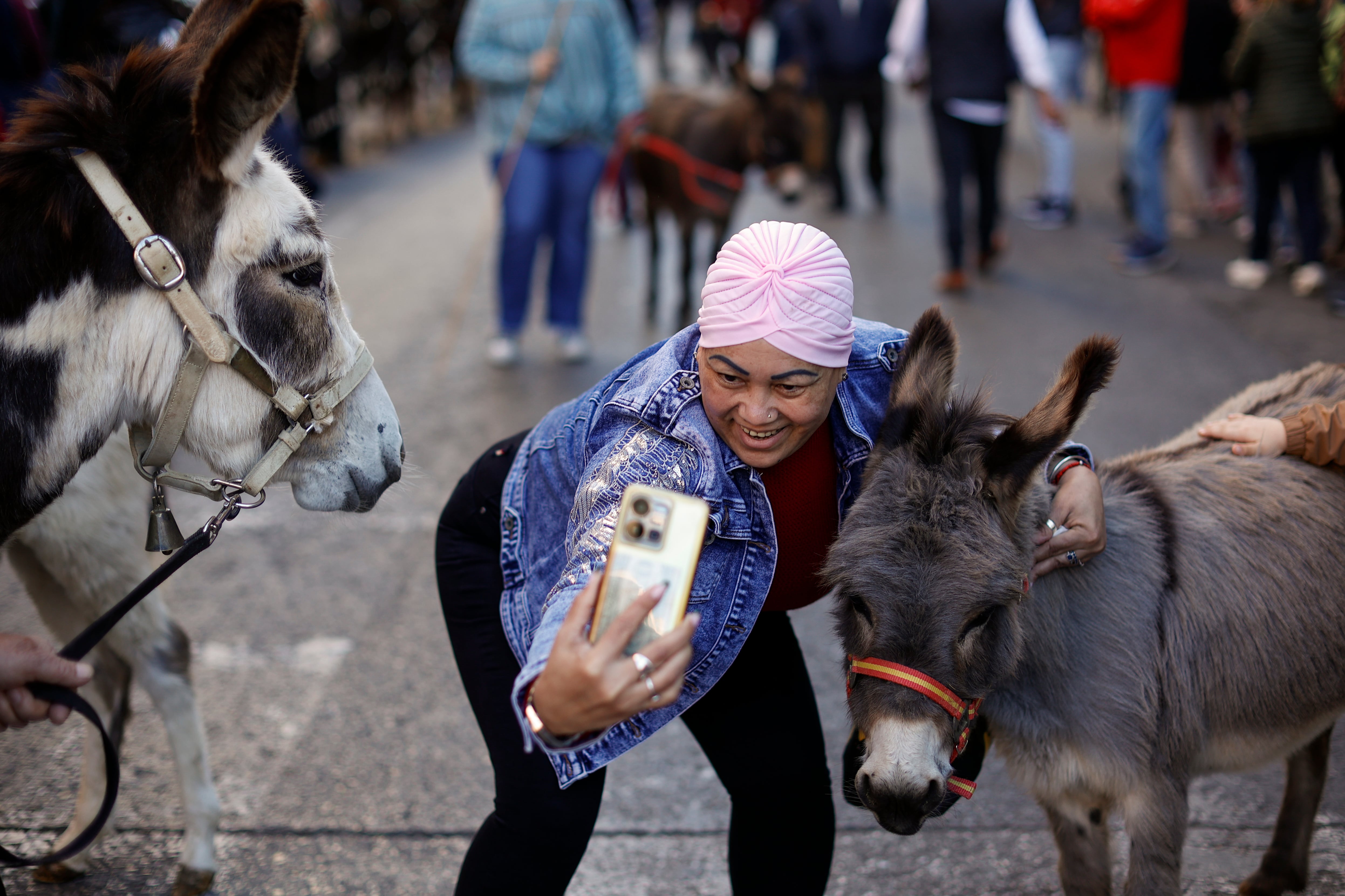 . VALENCIA, 17/01/2024.- Una mujer se hace una foto con unos burros durante la tradicional bendición de animales con motivo de la fiesta de san Antonio Abad. EFE/Biel Aliño
