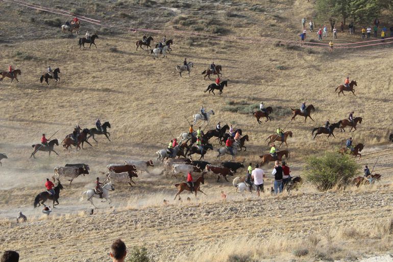 Los caballistas acompañan al ganado en la bajada por El Embudo en el encierro del domingo 27 de agosto de 2017 