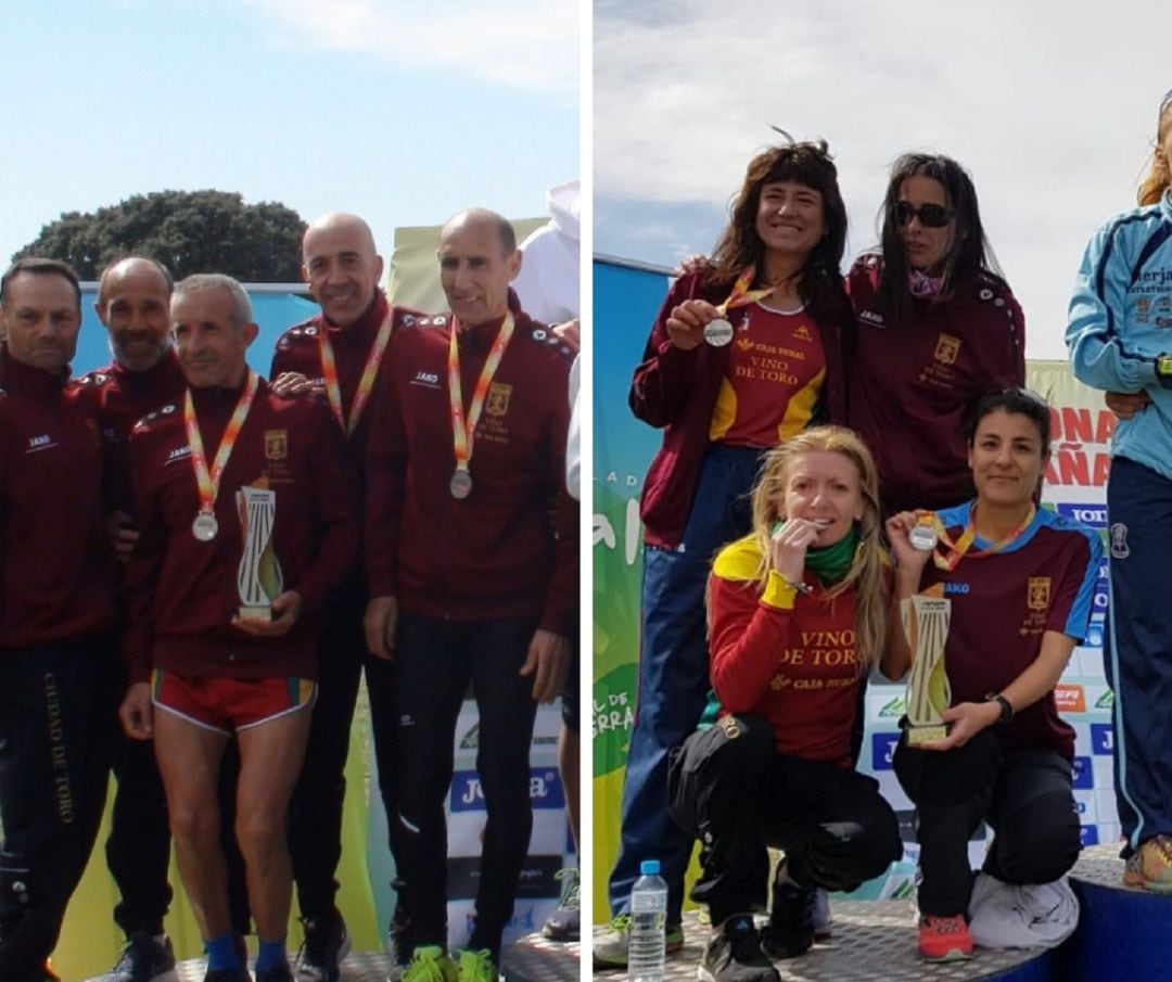 Rafa de Andrés (1º por la izq) y Raquel Camarero (1ª por la izq abajo) en el podio del Nacional con sus medallas de plata.