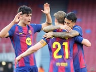 Marc Bernal, Joao Cancelo, and Frenkie de Jong celebrate during the match between FC Barcelona and Levante UD, corresponding to week 25 of LaLiga EA Sports, played at the Spotify Camp Nou in Barcelona, Spain, on February 22, 2026. (Photo by Joan Valls/Urbanandsport/NurPhoto via Getty Images)