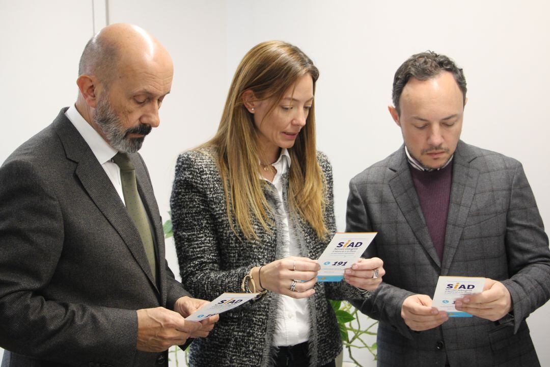 El ministre i la secretària d'Estat de Salut, Joan Martínez Benazet i Helena Mas, i el cap de Govern, Xavier Espot, durant la presentació del SIAD.