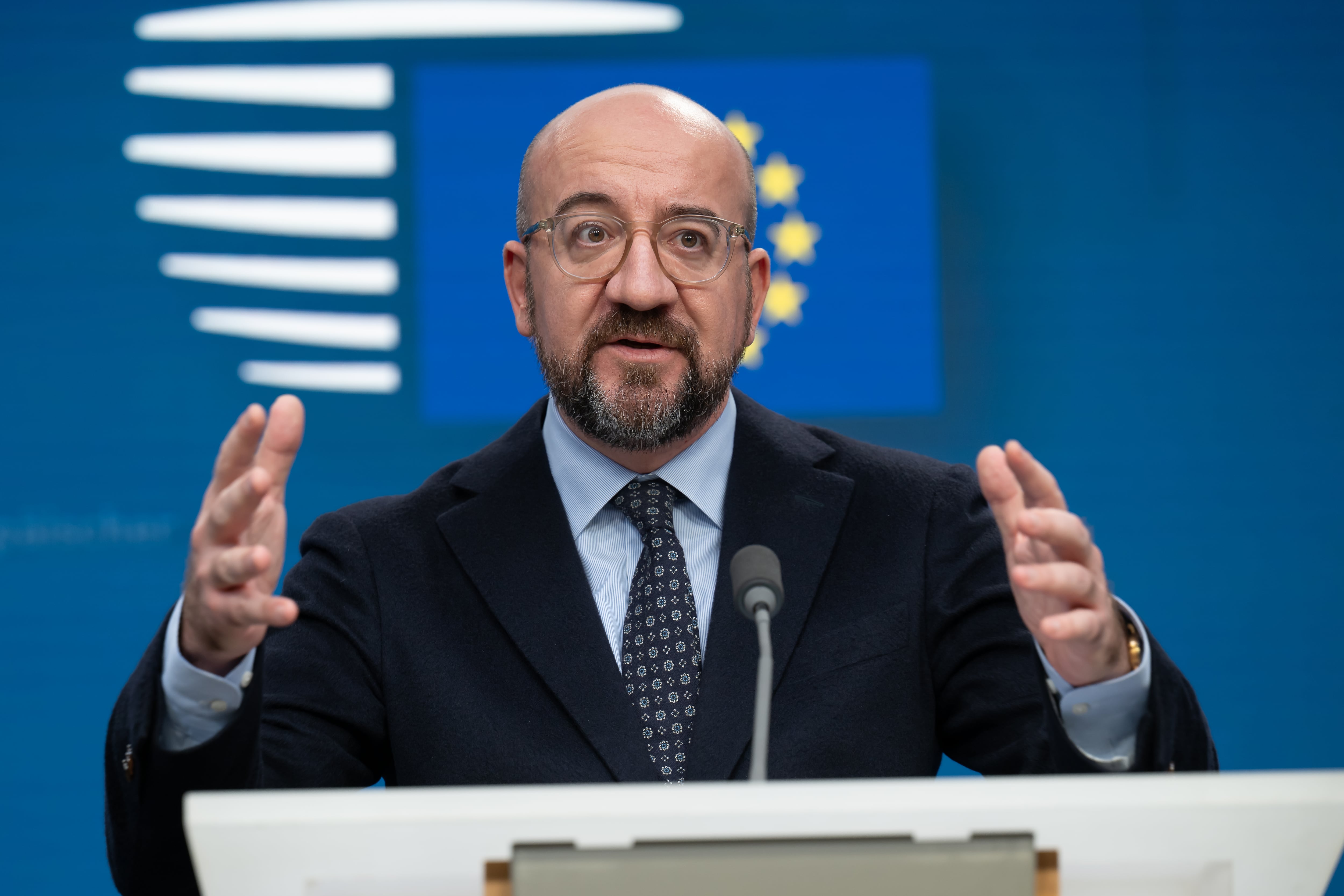 European Council President Charles Michel is addressing the press conference after the European Council Summit in Brussels, Belgium, on December 15, 2023.