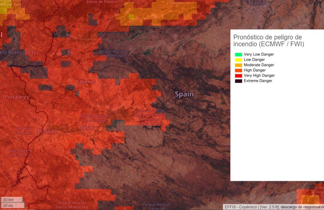 Peligro de Incendios para Extremadura para el 1 de julio de 2020