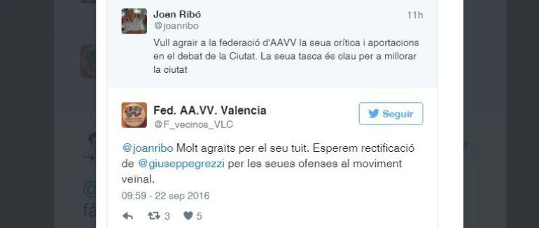 Captura de los mensajes en Twitter que se han cruzado el alcade Ribó y la Federación de Vecinos de Valencia