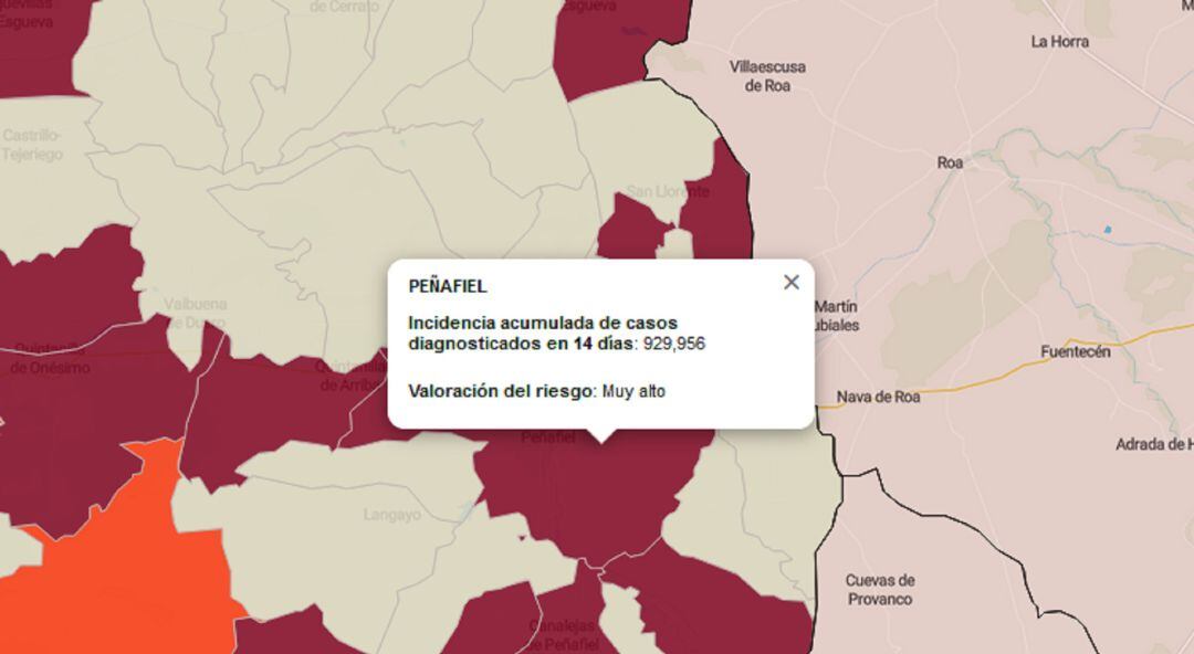 La tasa acumulada de contagios en Peñafiel sigue creciendo y se sitúa ya en 929 puntos tras los datos de este miércoles.