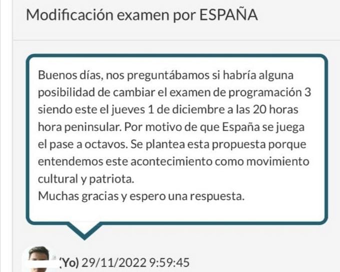 El mensaje del alumno pidiendo el cambio de fecha del examen