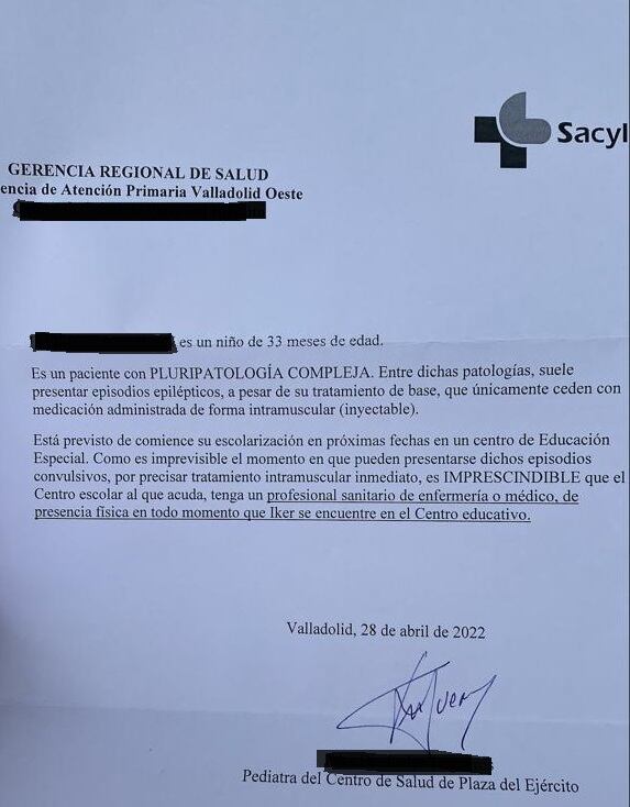 Informe de Sacyl que reconoce &quot;imprescindible&quot; la presencia de una enfermera en el centro donde esté el menor