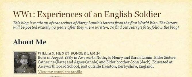 La cabecera del &#039;blog&#039; sobre las peripecias de William Henry Bonser Lamin, soldado británico en la Primera Guerra Mundial