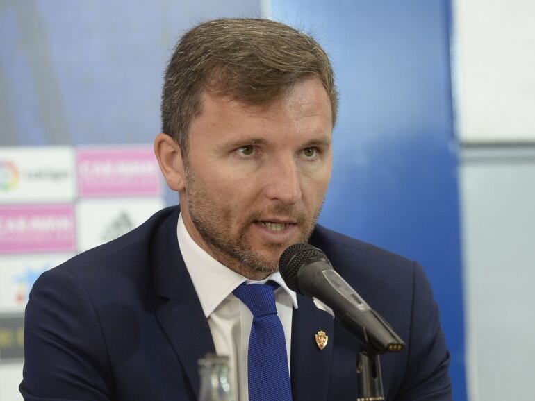 Lalo Arantegui, durante una comparecencia en la sala de prensa de La Romareda