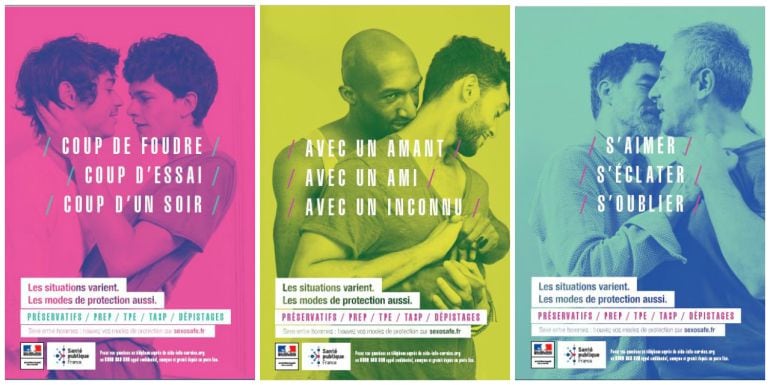 Carteles de la campaña de prevención del VIH &quot;Las situaciones varían, los modos de protección también&quot; en Francia.