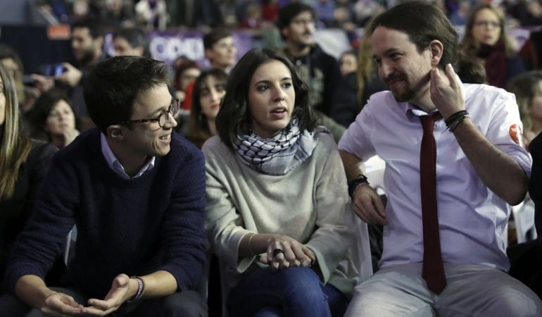 Los dirigentes de Podemos Íñigo Errejón, Irene Montero y Pablo Iglesias, en la segunda jornada de la Asamblea Ciudadana Estatal de Vistalegre II.