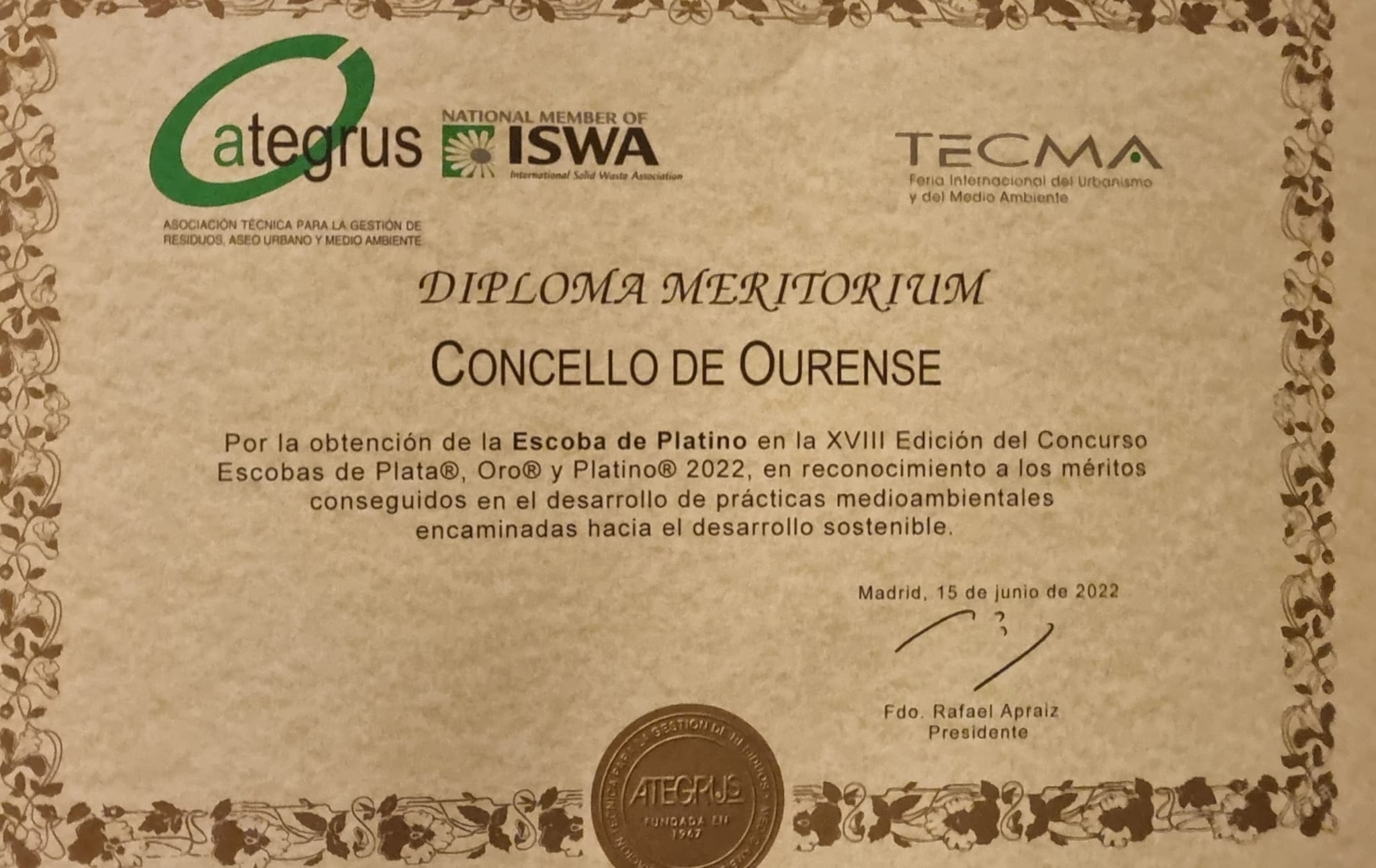 Imagen del diploma que reconoce a Ourense