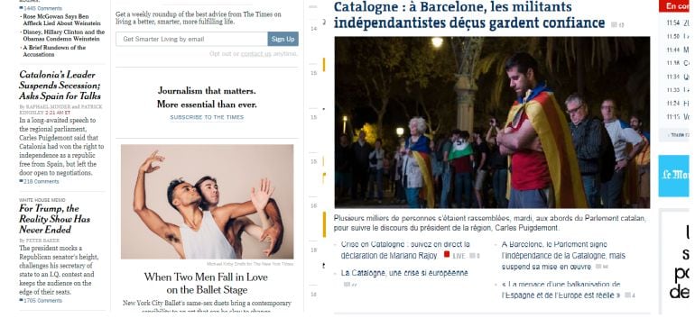 portadas del New York Times y de Le Figaro sobre el conflicto catalán