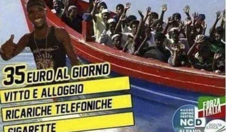 Cartel de Forza Italia en el que se mofa de los inmigrantes.