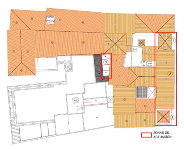 Tres zonas de la cubierta del Ayuntamiento de Huesca donde se va a actuar: en los torreones Norte y Sur (1), en el faldón sobre la galería (2), y en la cubierta interior (3)