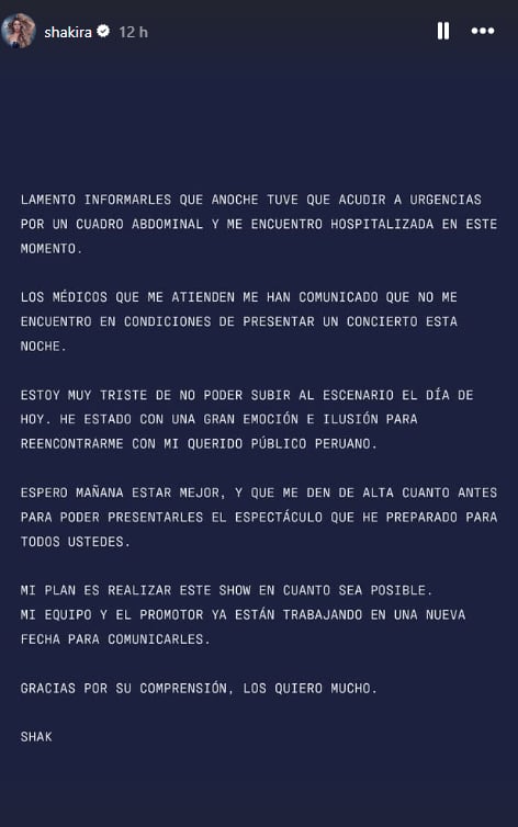 Comunicado de Shakira.