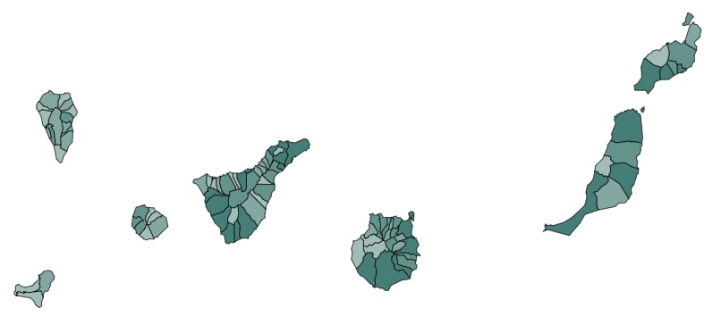 Viviendas vacías en Canarias. Los municipios con con mayor número aparecen dibujados en un verde intenso que se degrada según la intensidad (INE).