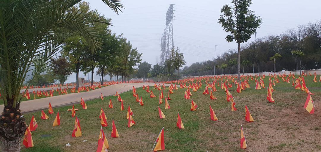 Miles de banderas de España han amanecido en Sevilla junto al río para recordar a los miles de fallecidos en esta pandemia en España