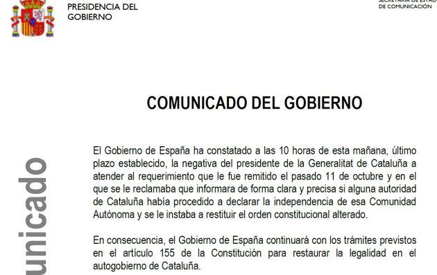 Comunicado del Gobierno a la respuesta de Puigdemont.