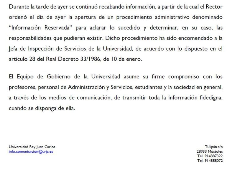 Comunicado de la universidad anunciando la apertura de la investigación.