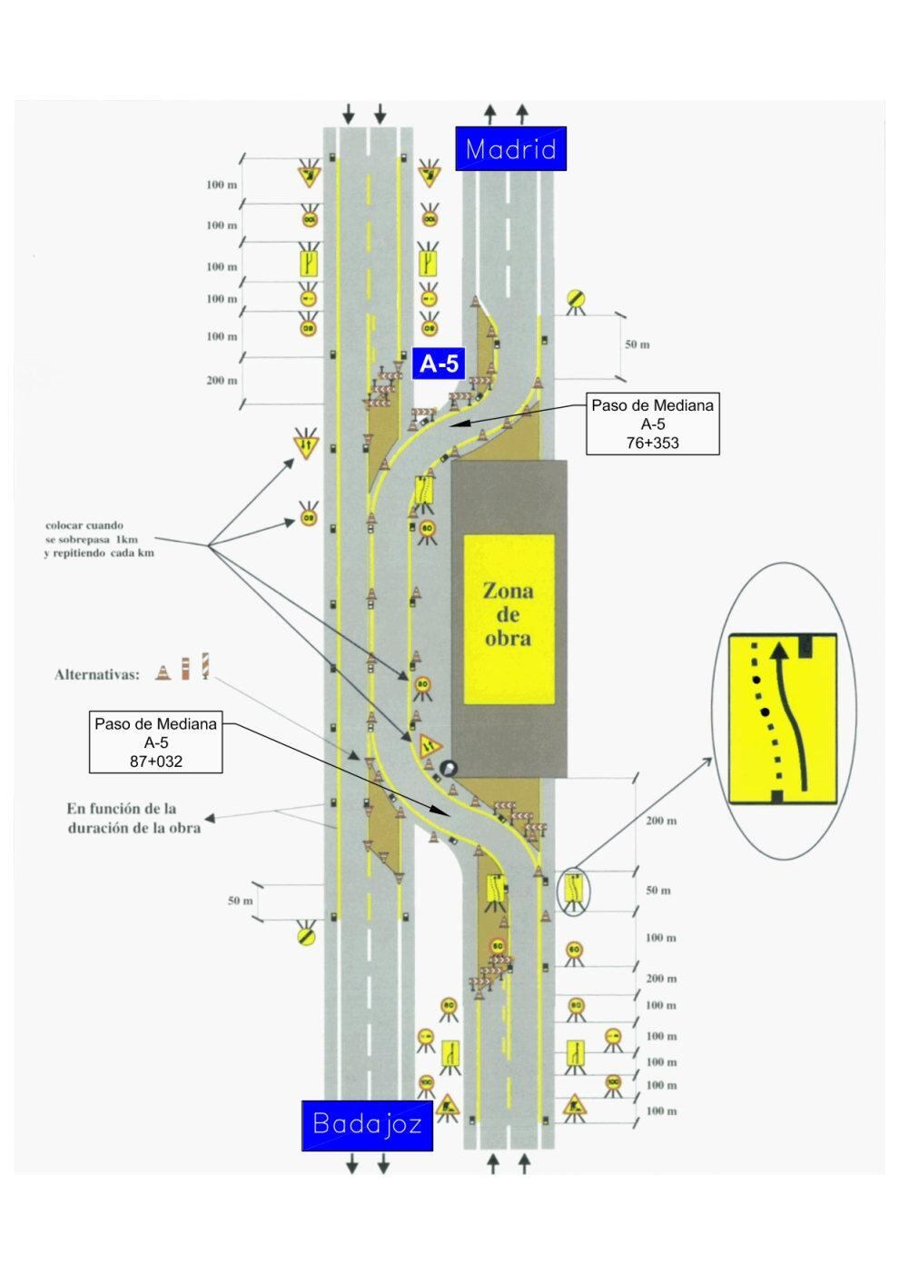 Imagen del desvío que se realizará en la Autovía A-5 por las obras de rehabilitación del firme