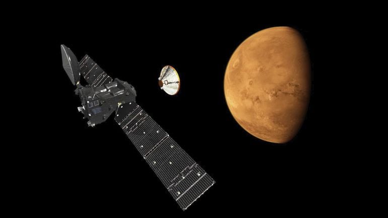 La misión ExoMars, una misión conjunta entre la ESA y Roscosmos, incluye un Orbitador (la nave de Gases Traza) y el módulo de aterrizaje Schiaparelli, que ha sido diseñado para posarse sobre la superficie del planeta.  