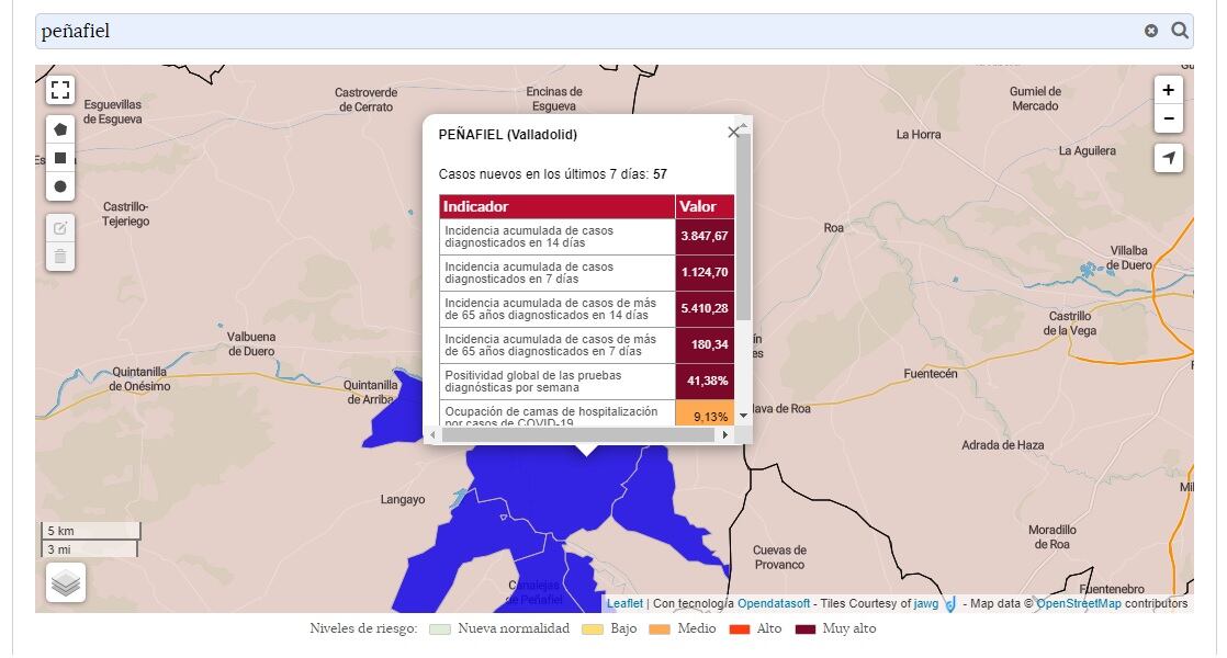 Imagen del mapa del Servicio de Epidemiología de la Junta en el que se observan los datos del retroceso de la Covid-19 en Peñafiel