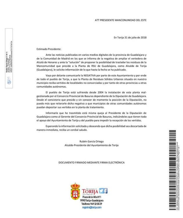 Carta enviada por el alcalde de Torija al presidente de la Mancomunidad del Este y al presidente de la Diputación de Guadalajara.