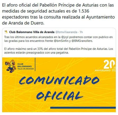 El comunicado del Villa de Aranda a través de twitter.